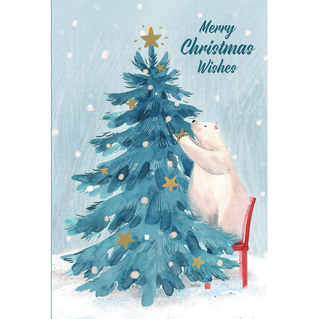 Pictura Christmas Card featuring a cute polar bear decorating a Christmas tree with colorful ornaments and festive holiday decorations.
